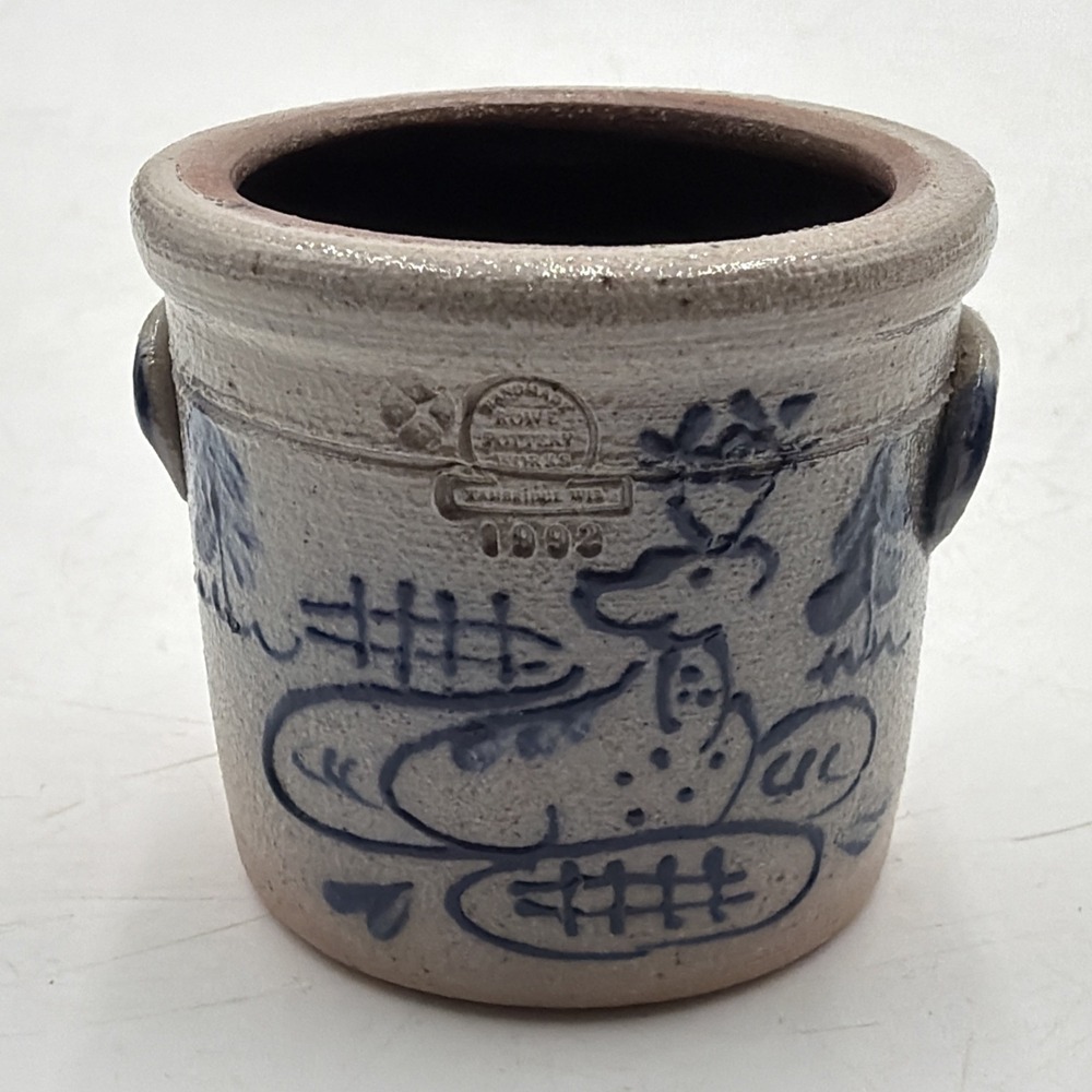 Vtg 1992 Rowe Miniature Salt Glazed Lugged Handled Crock W/Deer Decoration